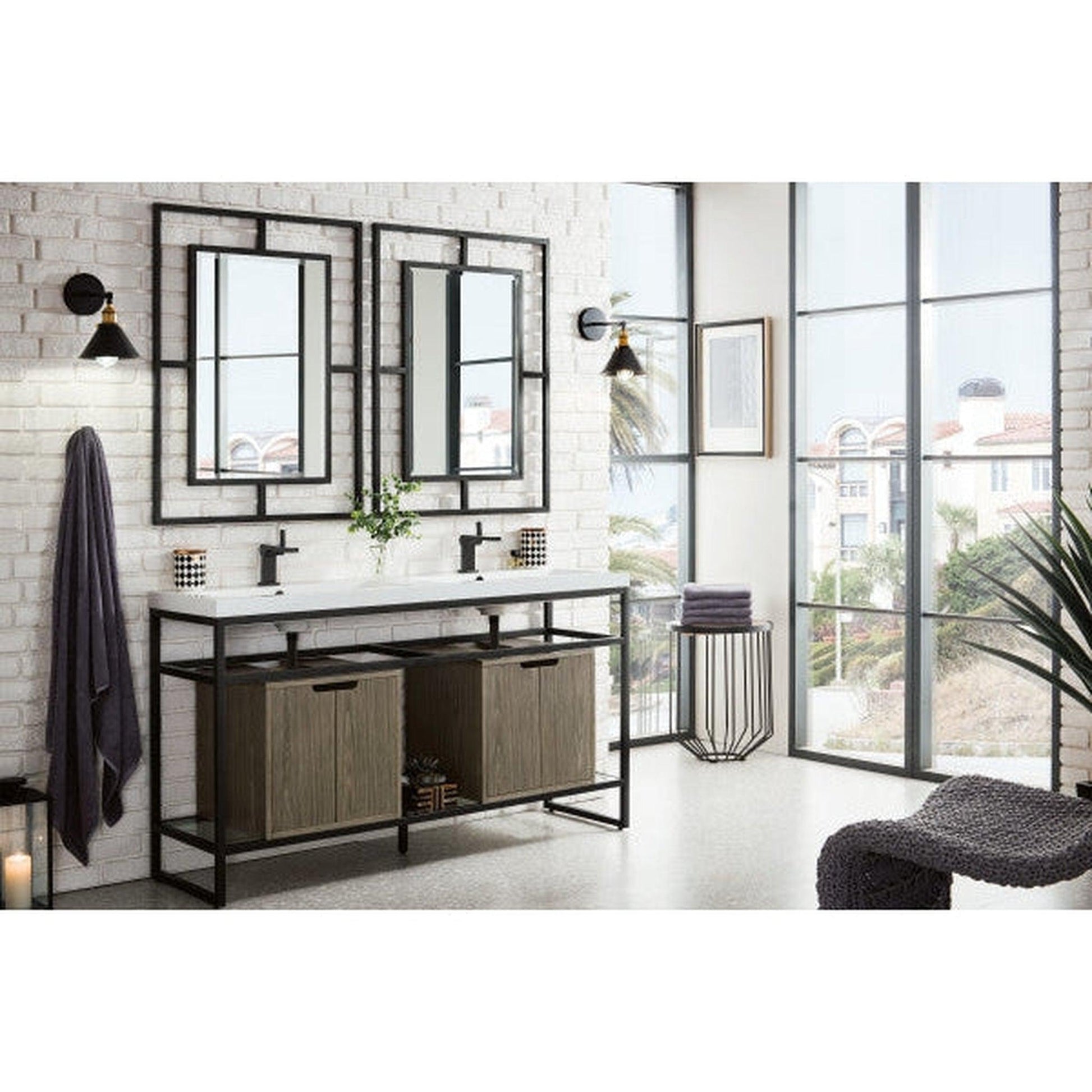 James Martin Boston 63" Double Matte Black Stainless Steel Console Sink With Ash Gray Storage Cabinet and White Glossy Composite Countertop