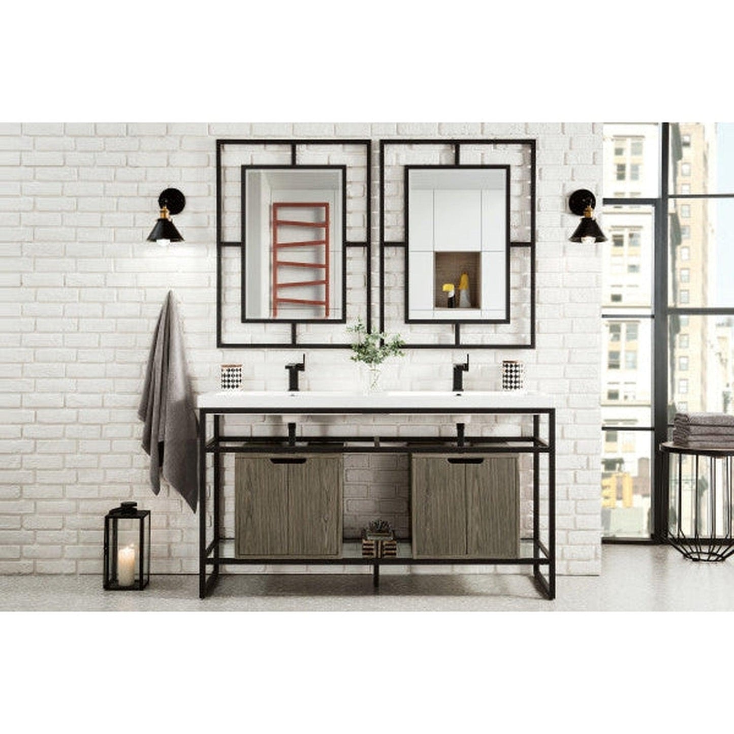 James Martin Boston 63" Double Matte Black Stainless Steel Console Sink With Ash Gray Storage Cabinet and White Glossy Composite Countertop