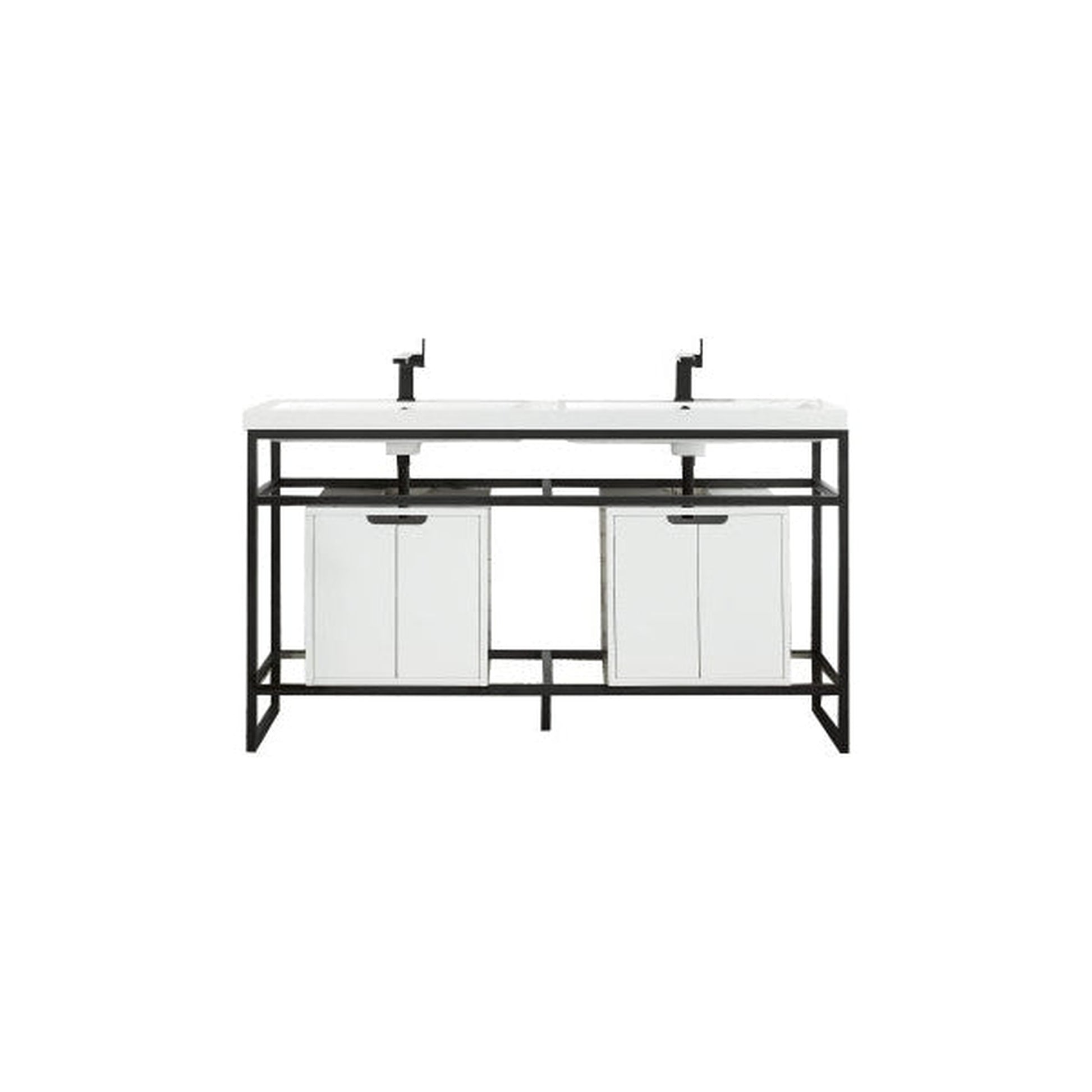 James Martin Boston 63" Double Matte Black Stainless Steel Console Sink With Glossy White Storage Cabinet and White Glossy Composite Countertop