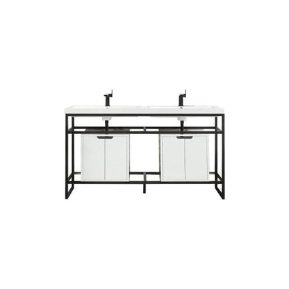 James Martin Boston 63" Double Matte Black Stainless Steel Console Sink With Glossy White Storage Cabinet and White Glossy Composite Countertop