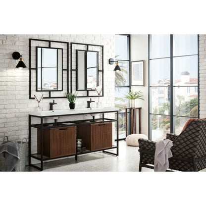 James Martin Boston 63" Double Matte Black Stainless Steel Console Sink With Mid Century Walnut Storage Cabinet and White Glossy Composite Countertop
