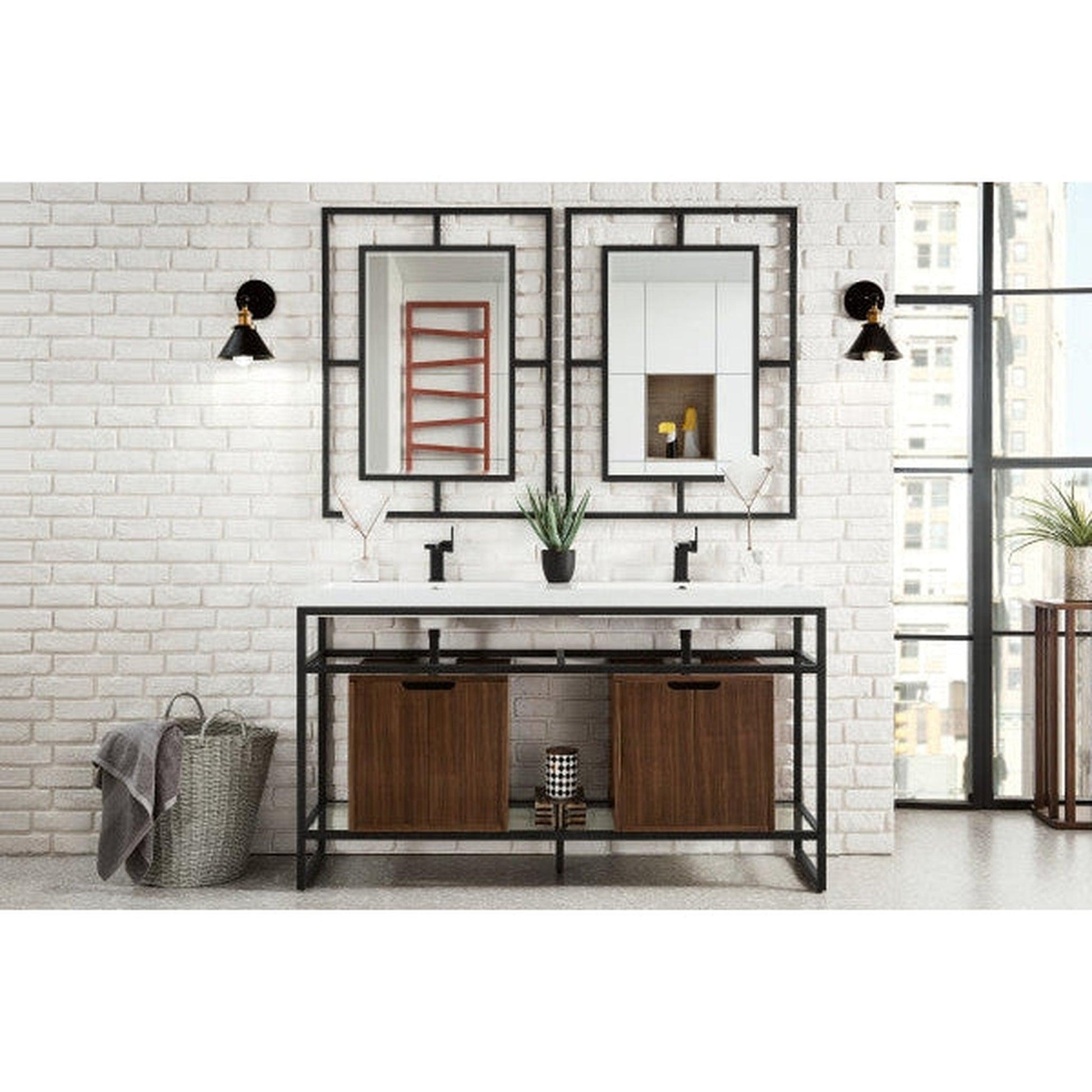 James Martin Boston 63" Double Matte Black Stainless Steel Console Sink With Mid Century Walnut Storage Cabinet and White Glossy Composite Countertop