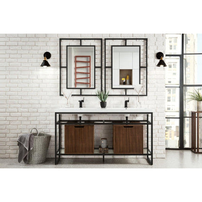 James Martin Boston 63" Double Matte Black Stainless Steel Console Sink With Mid Century Walnut Storage Cabinet and White Glossy Composite Countertop