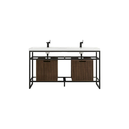 James Martin Boston 63" Double Matte Black Stainless Steel Console Sink With Mid Century Walnut Storage Cabinet and White Glossy Composite Countertop