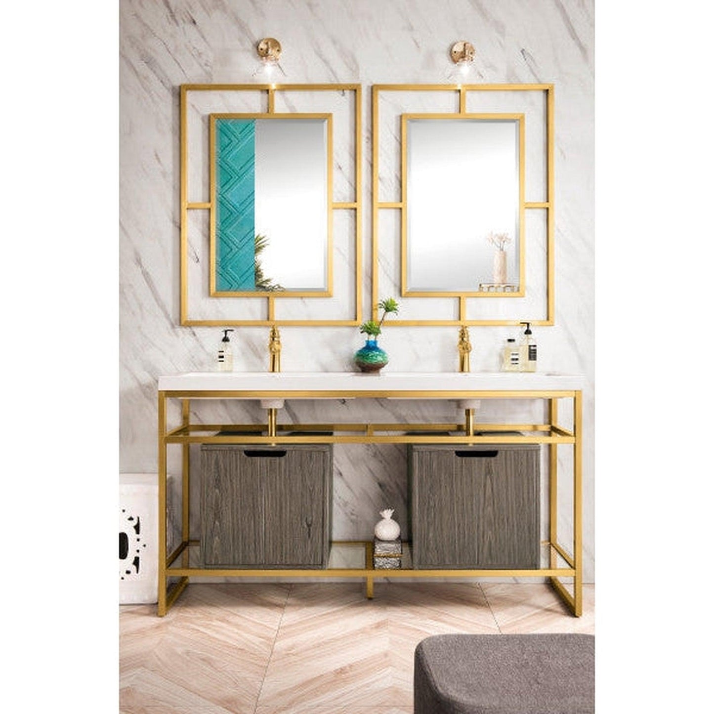 James Martin Boston 63" Double Radiant Gold Stainless Steel Console Sink With Ash Gray Storage Cabinet and White Glossy Composite Countertop