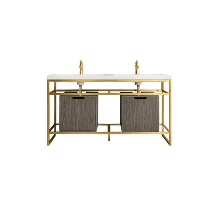 James Martin Boston 63" Double Radiant Gold Stainless Steel Console Sink With Ash Gray Storage Cabinet and White Glossy Composite Countertop