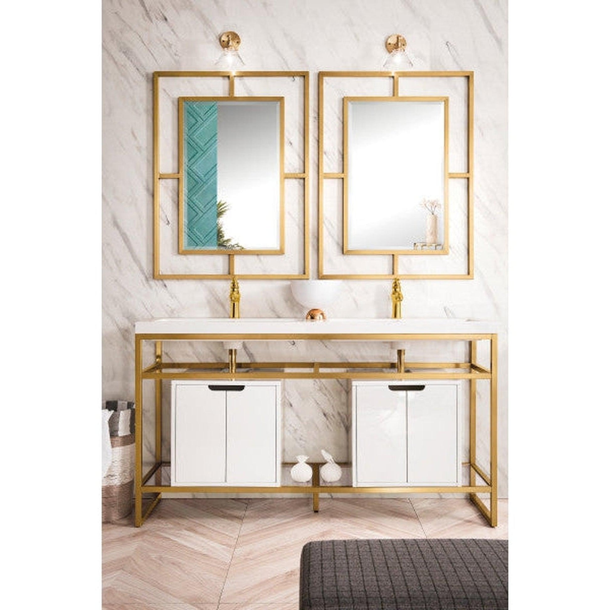 James Martin Boston 63" Double Radiant Gold Stainless Steel Console Sink With Glossy White Storage Cabinet and White Glossy Composite Countertop