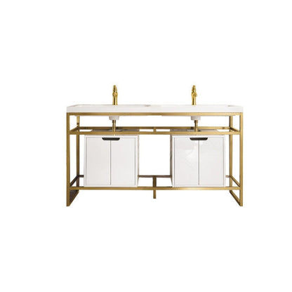 James Martin Boston 63" Double Radiant Gold Stainless Steel Console Sink With Glossy White Storage Cabinet and White Glossy Composite Countertop