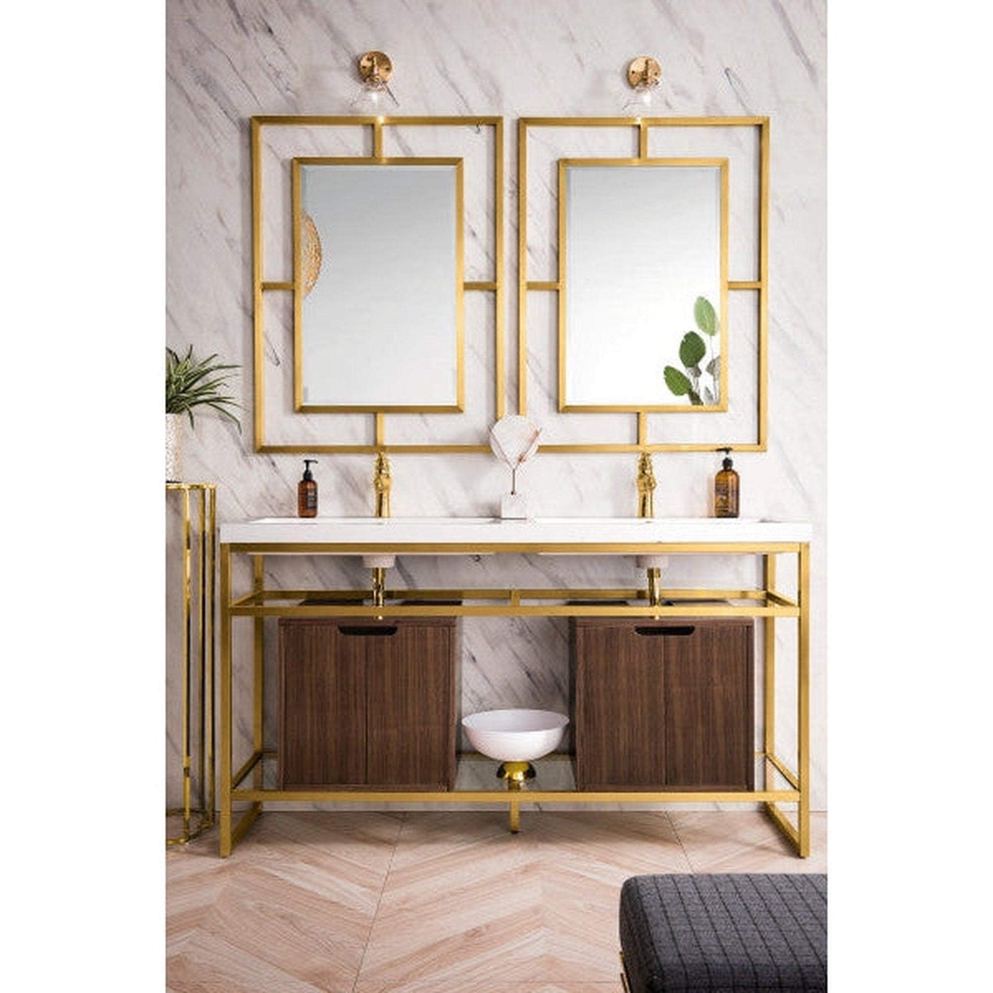 James Martin Boston 63" Double Radiant Gold Stainless Steel Console Sink With Mid Century Walnut Storage Cabinet and White Glossy Composite Countertop