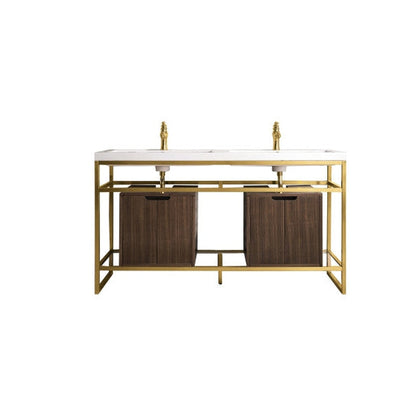 James Martin Boston 63" Double Radiant Gold Stainless Steel Console Sink With Mid Century Walnut Storage Cabinet and White Glossy Composite Countertop