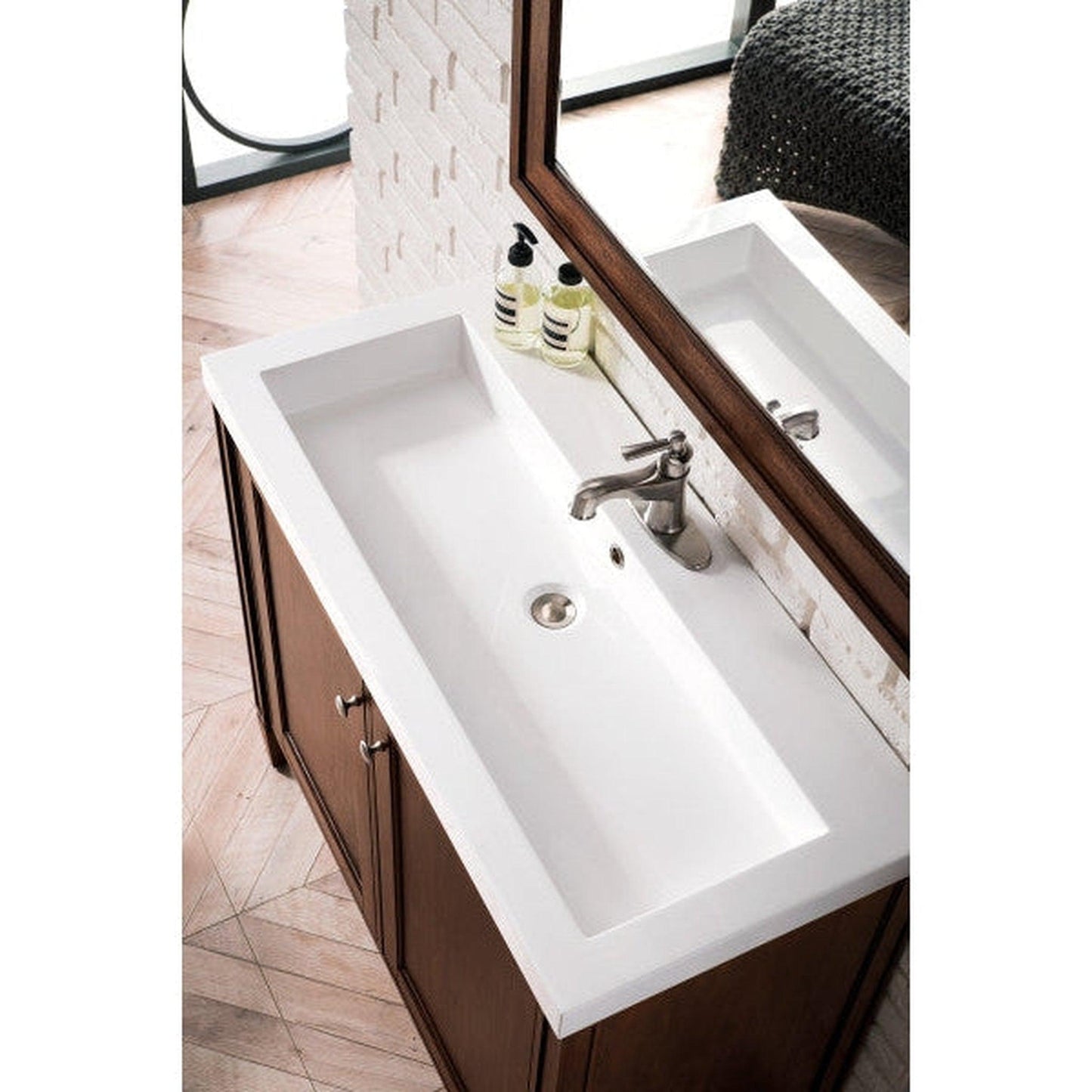 James Martin Britannia 39" Single Mid Century Acacia Bathroom Vanity With 2" Glossy White Composite Countertop