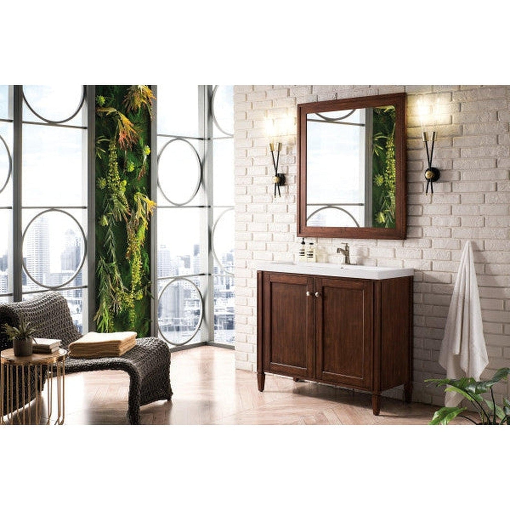 James Martin Britannia 39" Single Mid Century Acacia Bathroom Vanity With 2" Glossy White Composite Countertop
