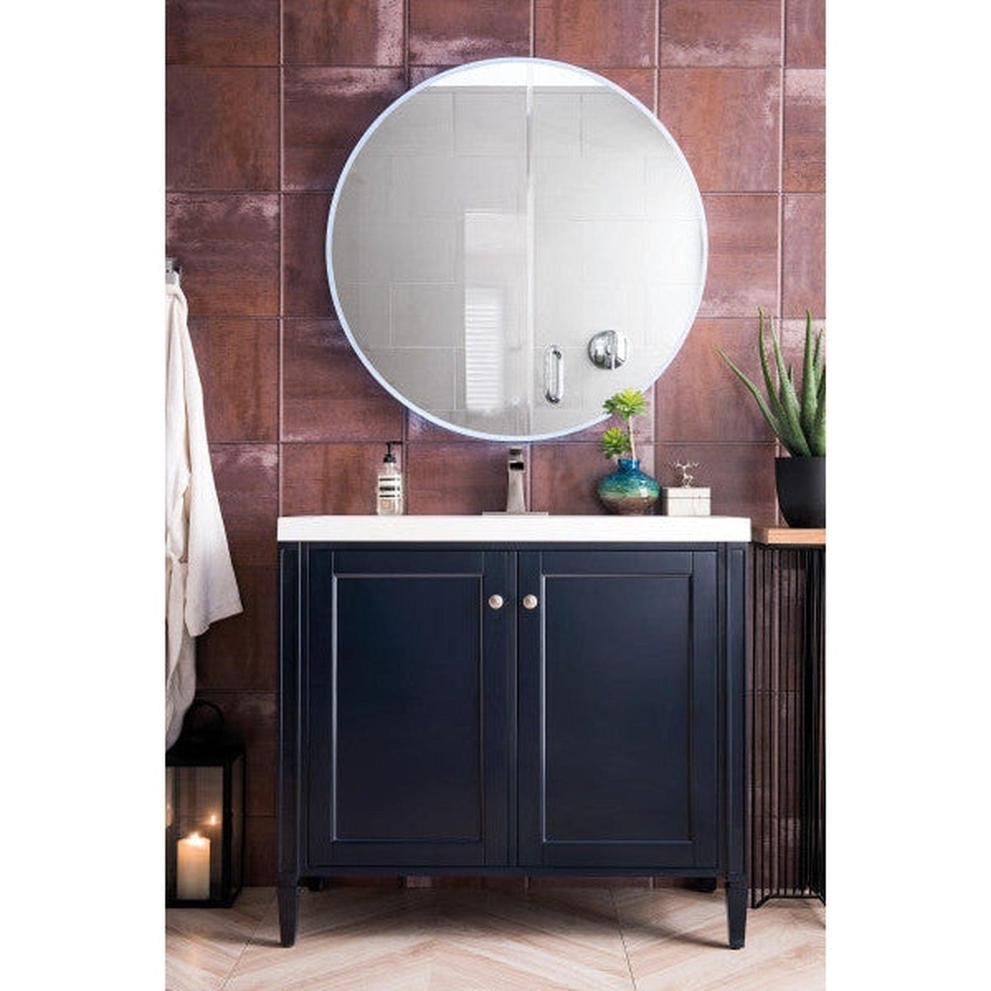 James Martin Britannia 39" Single Navy Blue Bathroom Vanity With 2" Glossy White Composite Countertop