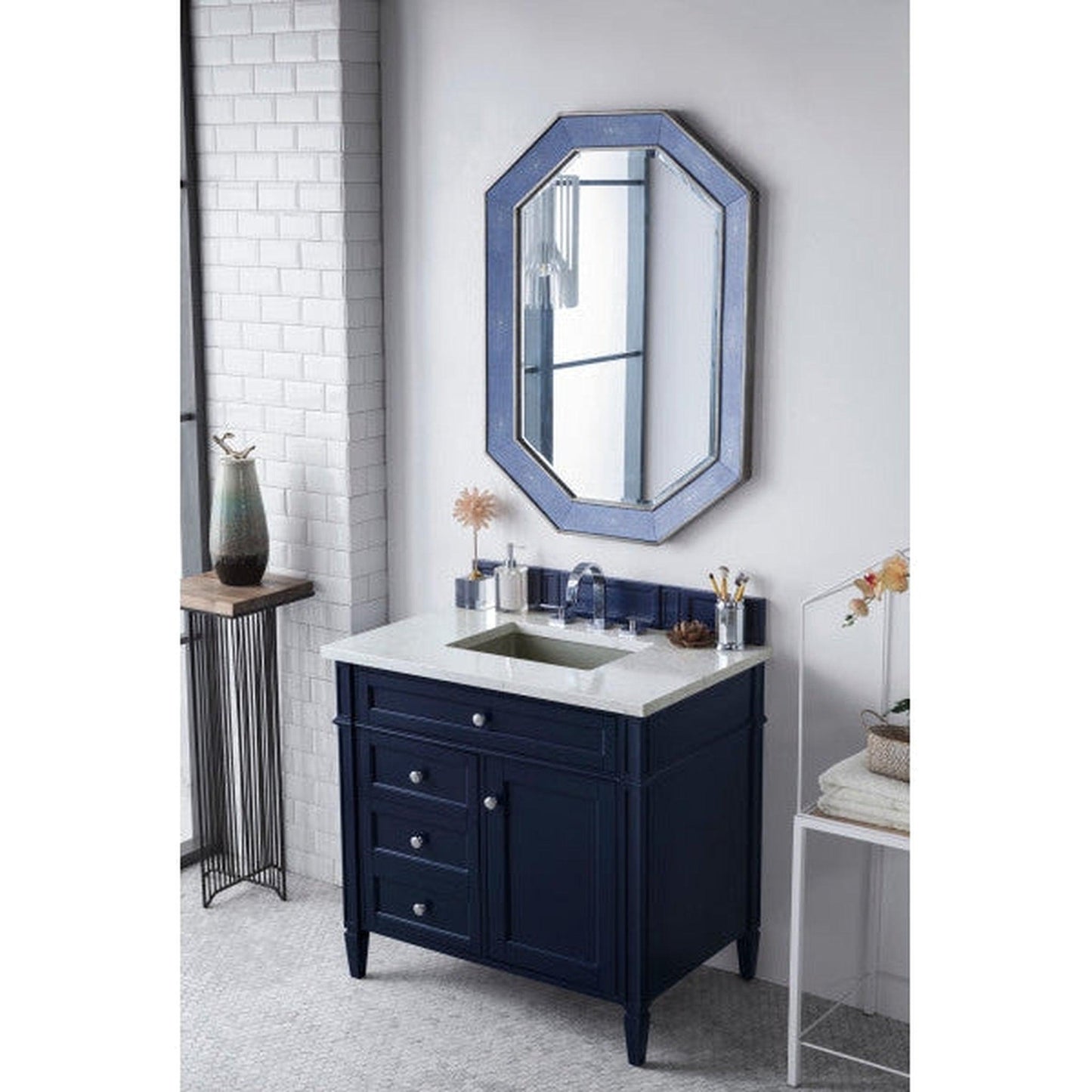 James Martin Brittany 36” Single Victory Blue Vanity With 1” Eternal Jasmine Pearl Quartz Top and Ceramic Sink