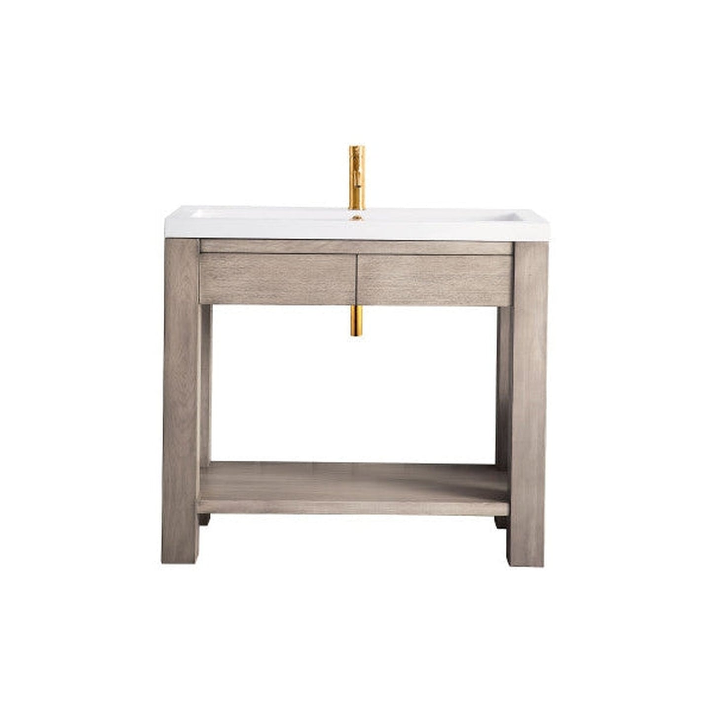 James Martin Brooklyn 39" Single Platinum Ash Wooden Console Sink With White Glossy Composite Countertop