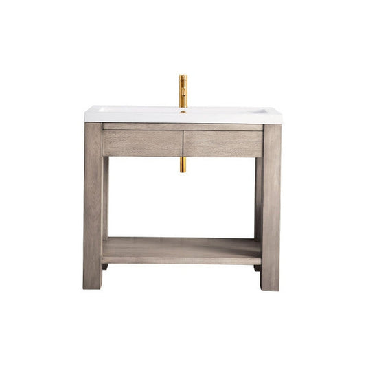James Martin Brooklyn 39" Single Platinum Ash Wooden Console Sink With White Glossy Composite Countertop