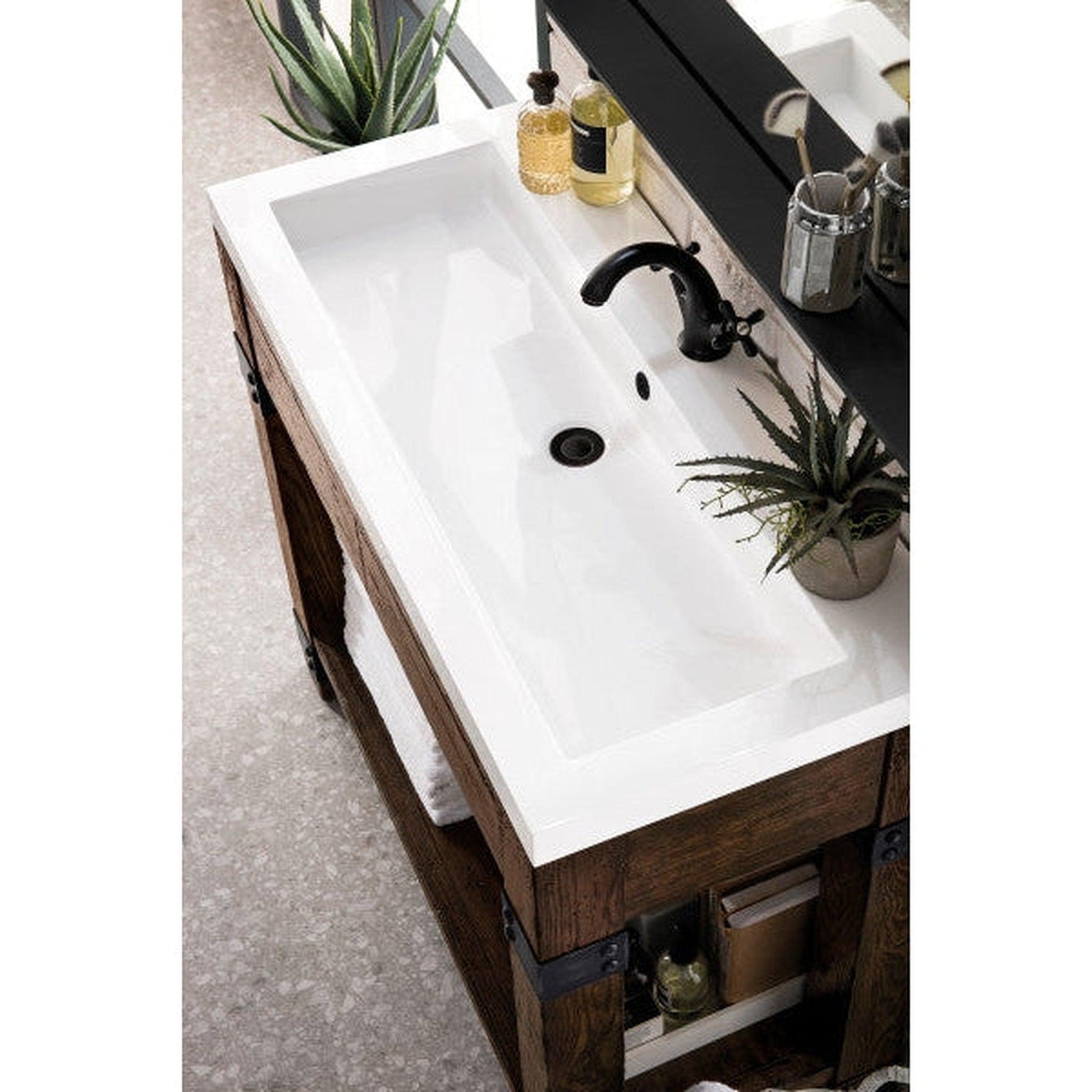 James Martin Brooklyn 39" Single Rustic Ash Wooden Console Sink With White Glossy Composite Countertop