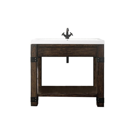 James Martin Brooklyn 39" Single Rustic Ash Wooden Console Sink With White Glossy Composite Countertop