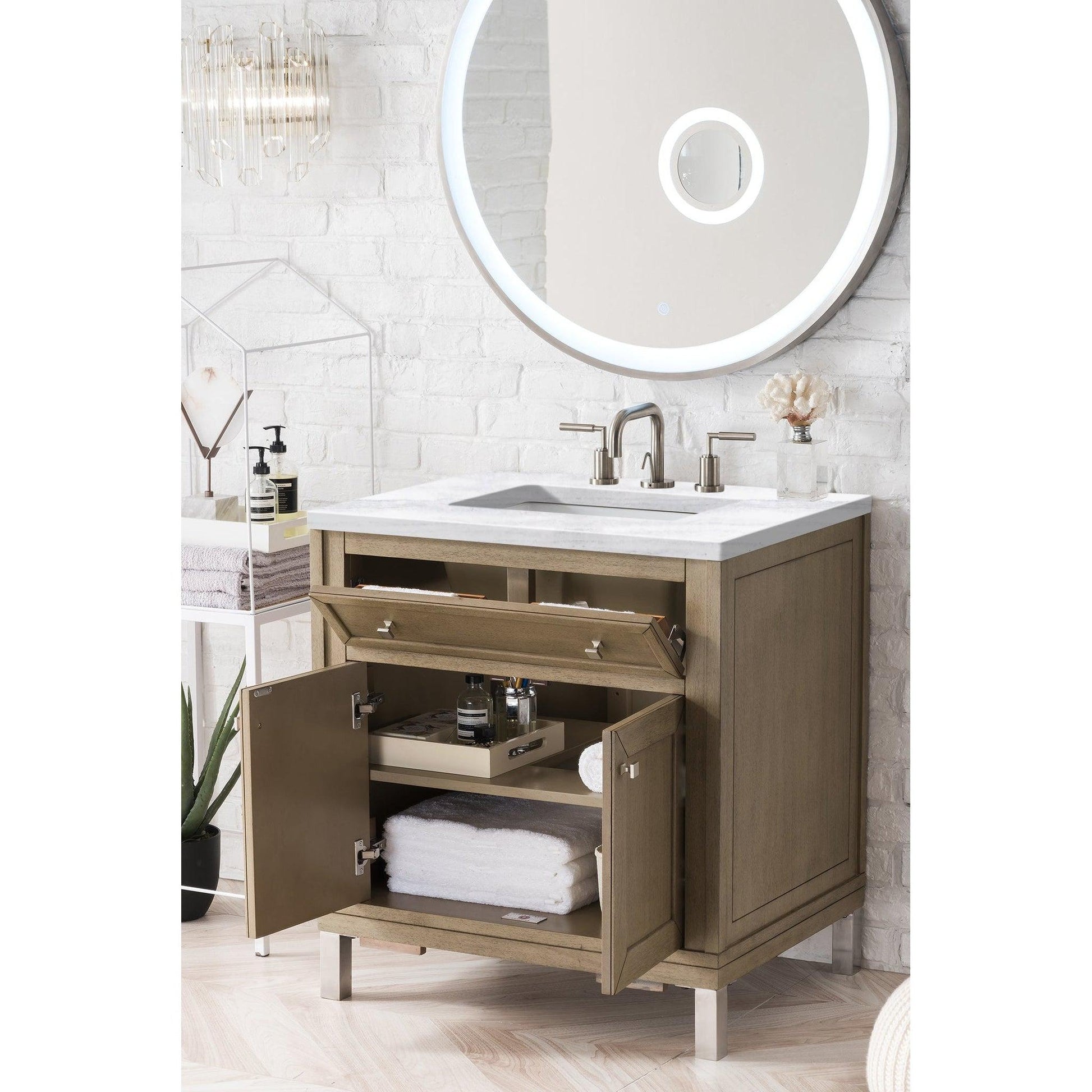 James Martin Chicago 30" Single Whitewashed Walnut Bathroom Vanity With 1" Arctic Fall Solid Surface Top and Rectangular Ceramic Sink