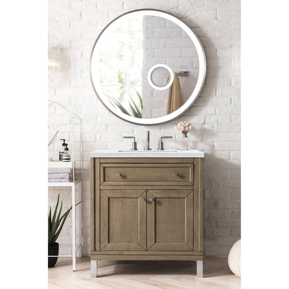 James Martin Chicago 30" Single Whitewashed Walnut Bathroom Vanity With 1" Arctic Fall Solid Surface Top and Rectangular Ceramic Sink