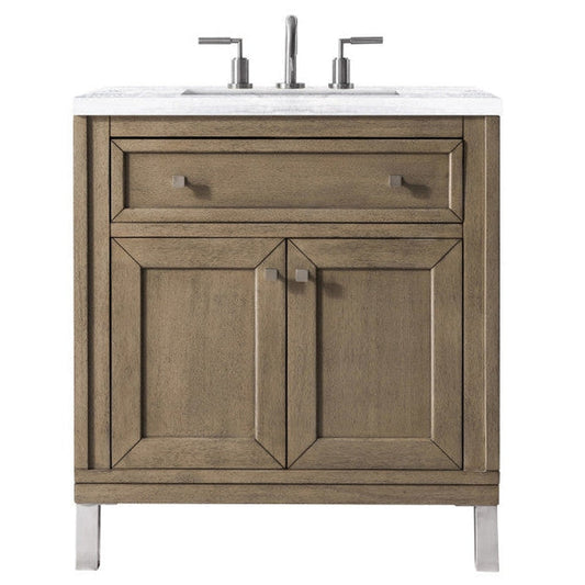 James Martin Chicago 30" Single Whitewashed Walnut Bathroom Vanity With 1" Arctic Fall Solid Surface Top and Rectangular Ceramic Sink