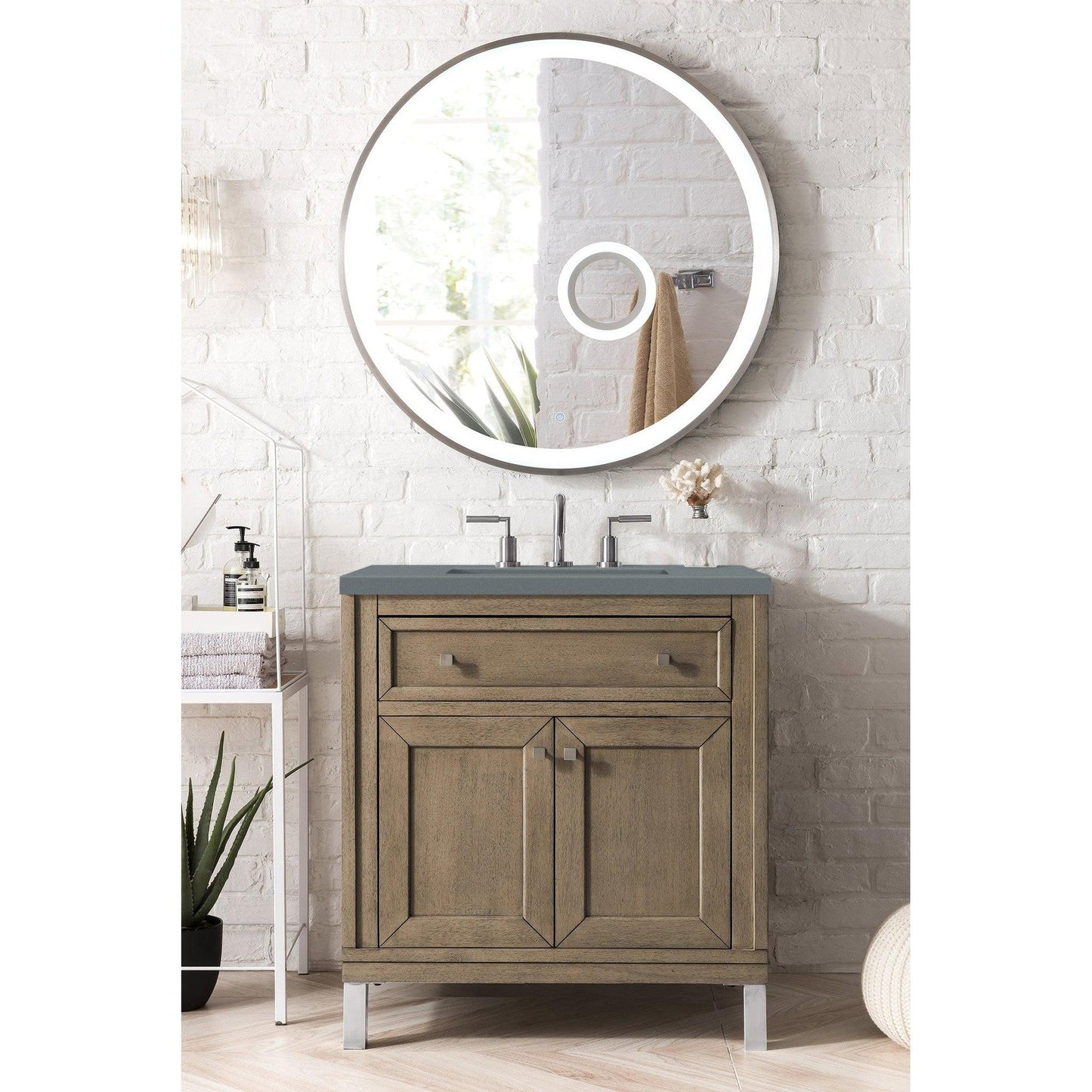 James Martin Chicago 30" Single Whitewashed Walnut Bathroom Vanity With 1" Cala Blue Quartz Top and Rectangular Ceramic Sink