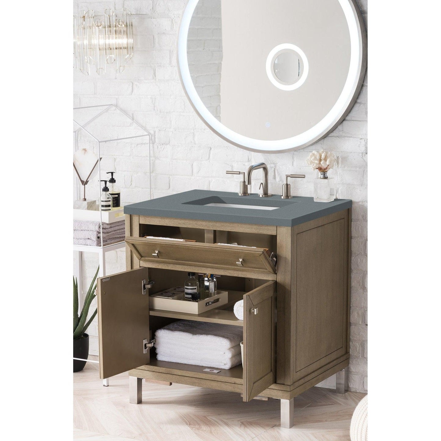 James Martin Chicago 30" Single Whitewashed Walnut Bathroom Vanity With 1" Cala Blue Quartz Top and Rectangular Ceramic Sink