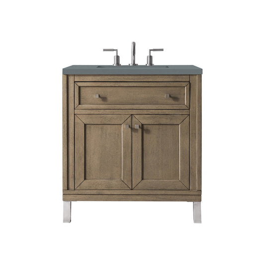 James Martin Chicago 30" Single Whitewashed Walnut Bathroom Vanity With 1" Cala Blue Quartz Top and Rectangular Ceramic Sink