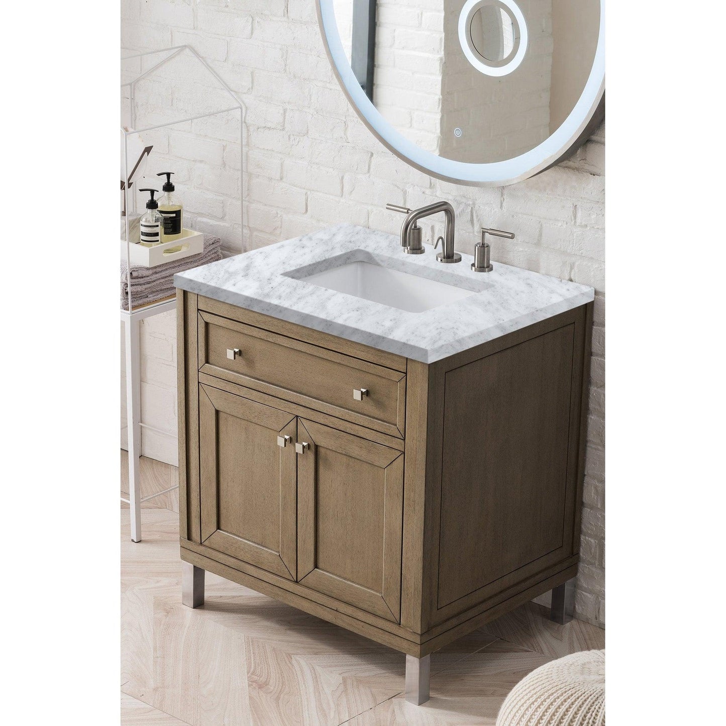 James Martin Chicago 30" Single Whitewashed Walnut Bathroom Vanity With 1" Carrara Marble Top and Rectangular Ceramic Sink