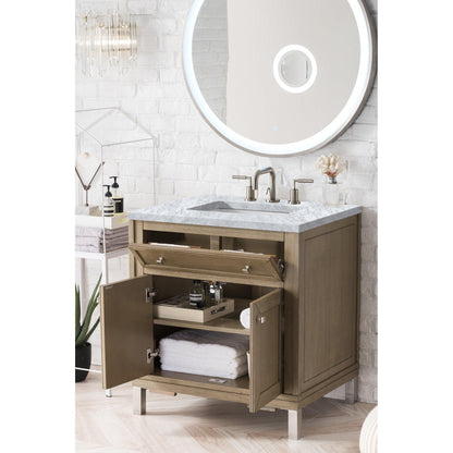 James Martin Chicago 30" Single Whitewashed Walnut Bathroom Vanity With 1" Carrara Marble Top and Rectangular Ceramic Sink