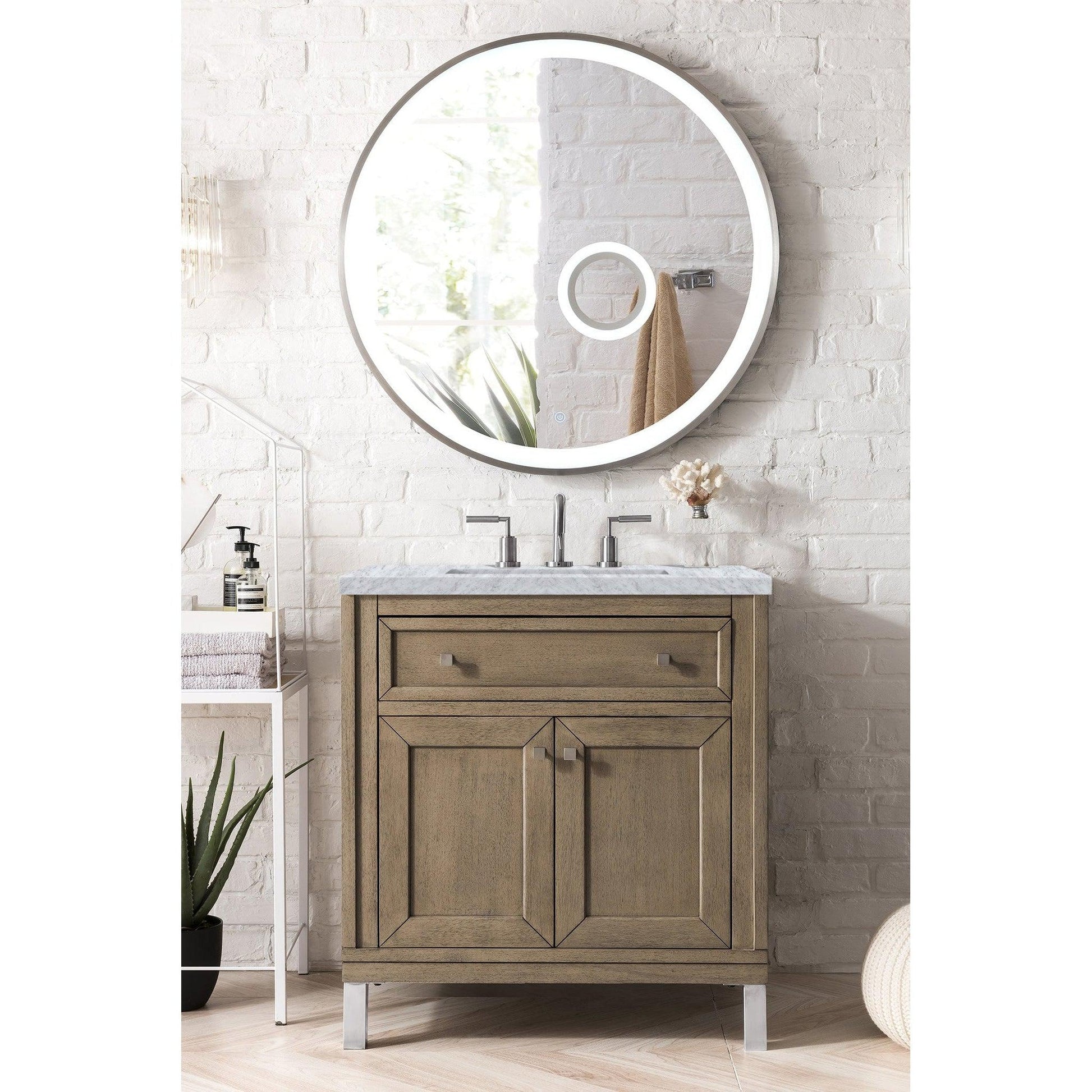 James Martin Chicago 30" Single Whitewashed Walnut Bathroom Vanity With 1" Carrara Marble Top and Rectangular Ceramic Sink