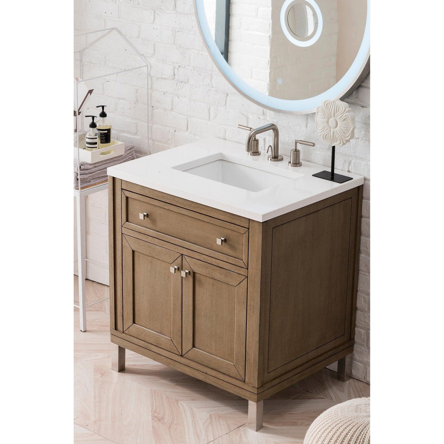 James Martin Chicago 30" Single Whitewashed Walnut Bathroom Vanity With 1" Classic White Quartz Top and Rectangular Ceramic Sink