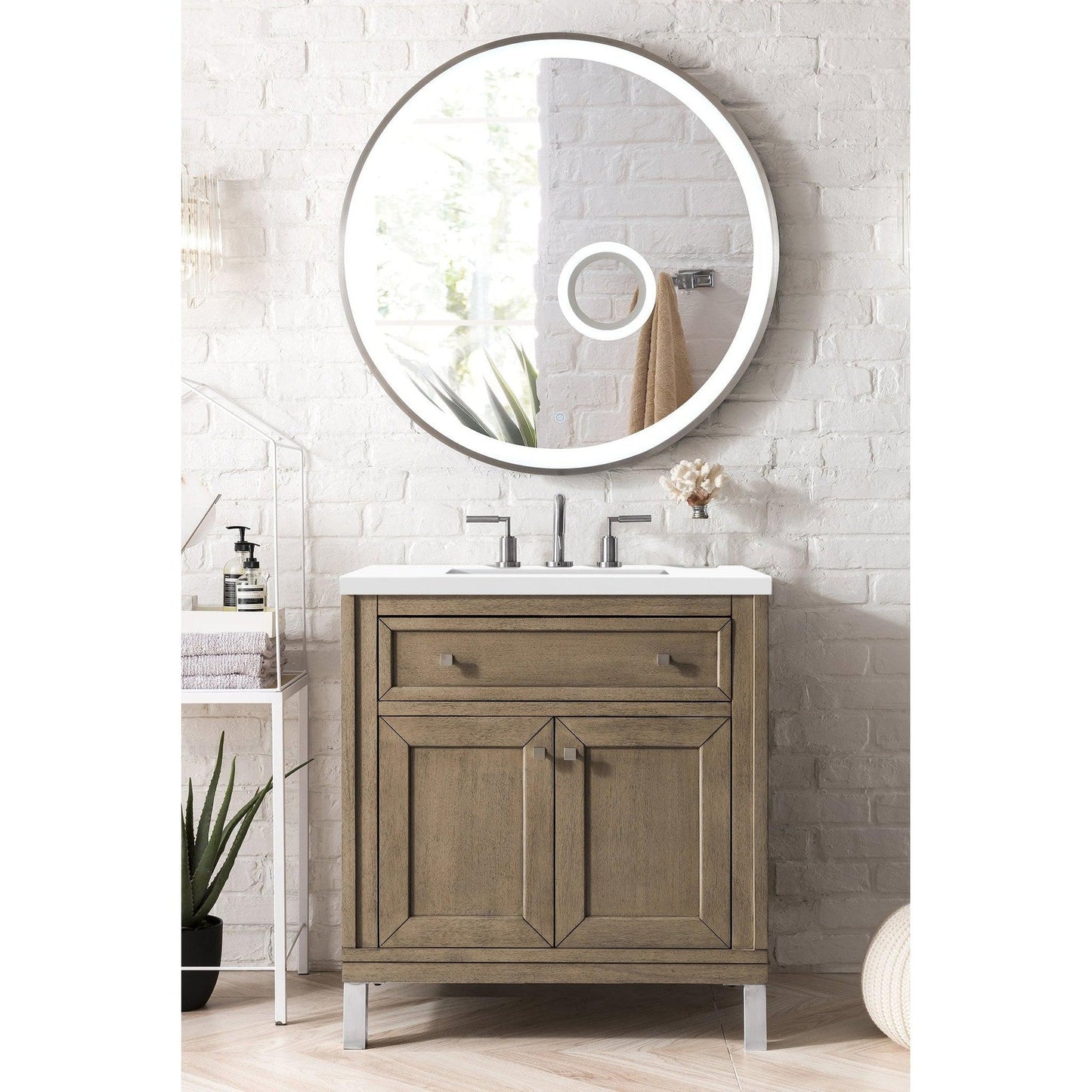 James Martin Chicago 30" Single Whitewashed Walnut Bathroom Vanity With 1" Classic White Quartz Top and Rectangular Ceramic Sink