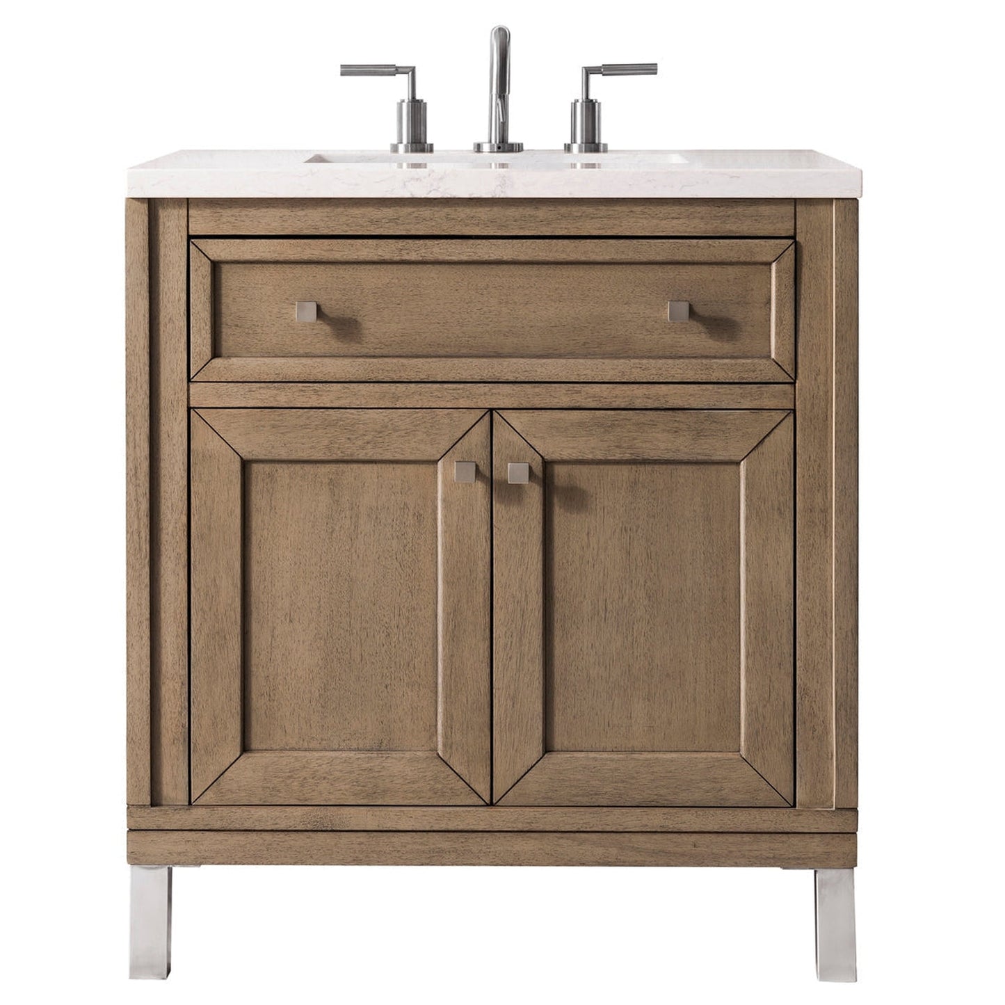 James Martin Chicago 30" Single Whitewashed Walnut Bathroom Vanity With 1" Classic White Quartz Top and Rectangular Ceramic Sink