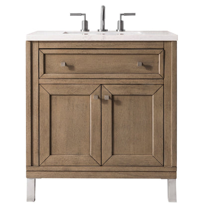 James Martin Chicago 30" Single Whitewashed Walnut Bathroom Vanity With 1" Eternal Jasmine Pearl Quartz Top and Rectangular Ceramic Sink