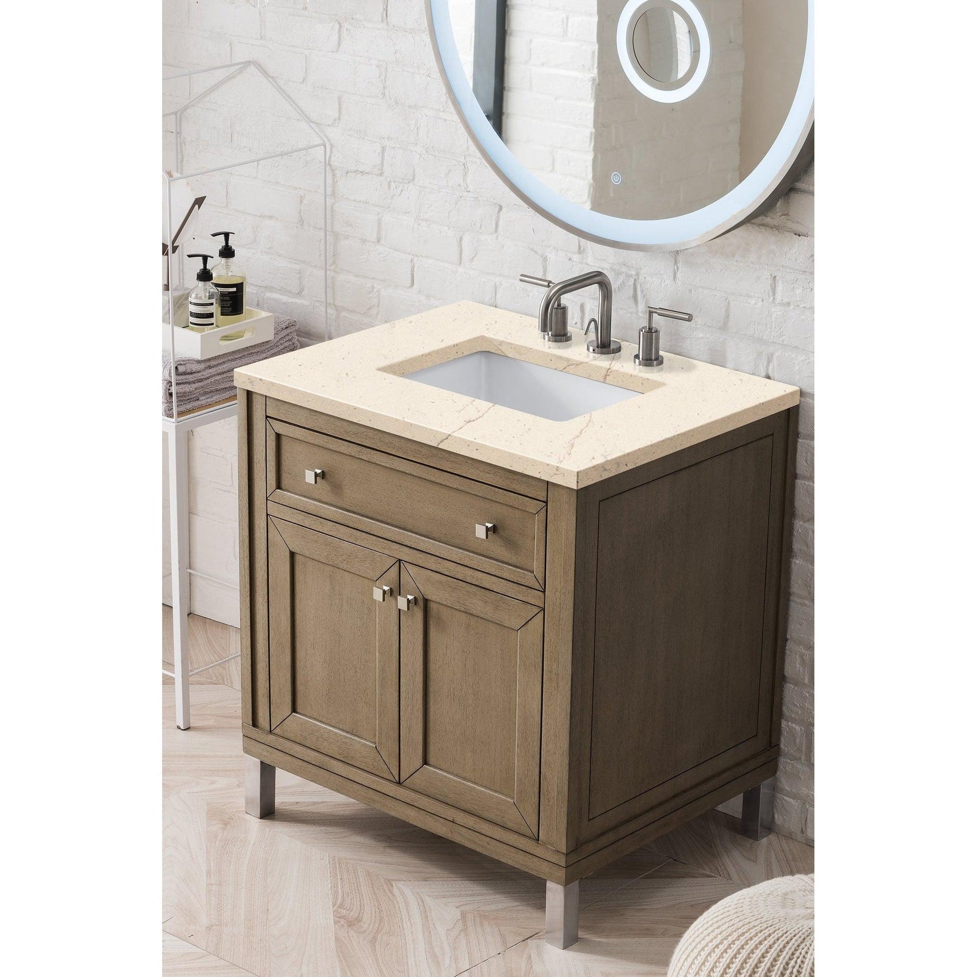 James Martin Chicago 30" Single Whitewashed Walnut Bathroom Vanity With 1" Eternal Marfil Quartz Top and Rectangular Ceramic Sink