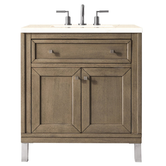 James Martin Chicago 30" Single Whitewashed Walnut Bathroom Vanity With 1" Eternal Marfil Quartz Top and Rectangular Ceramic Sink