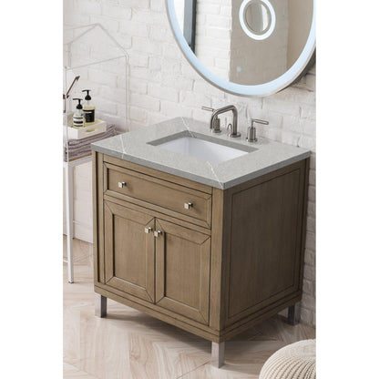 James Martin Chicago 30" Single Whitewashed Walnut Bathroom Vanity With 1" Eternal Serena Quartz Top and Rectangular Ceramic Sink