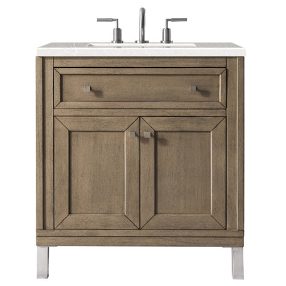 James Martin Chicago 30" Single Whitewashed Walnut Bathroom Vanity With 1" Eternal Serena Quartz Top and Rectangular Ceramic Sink