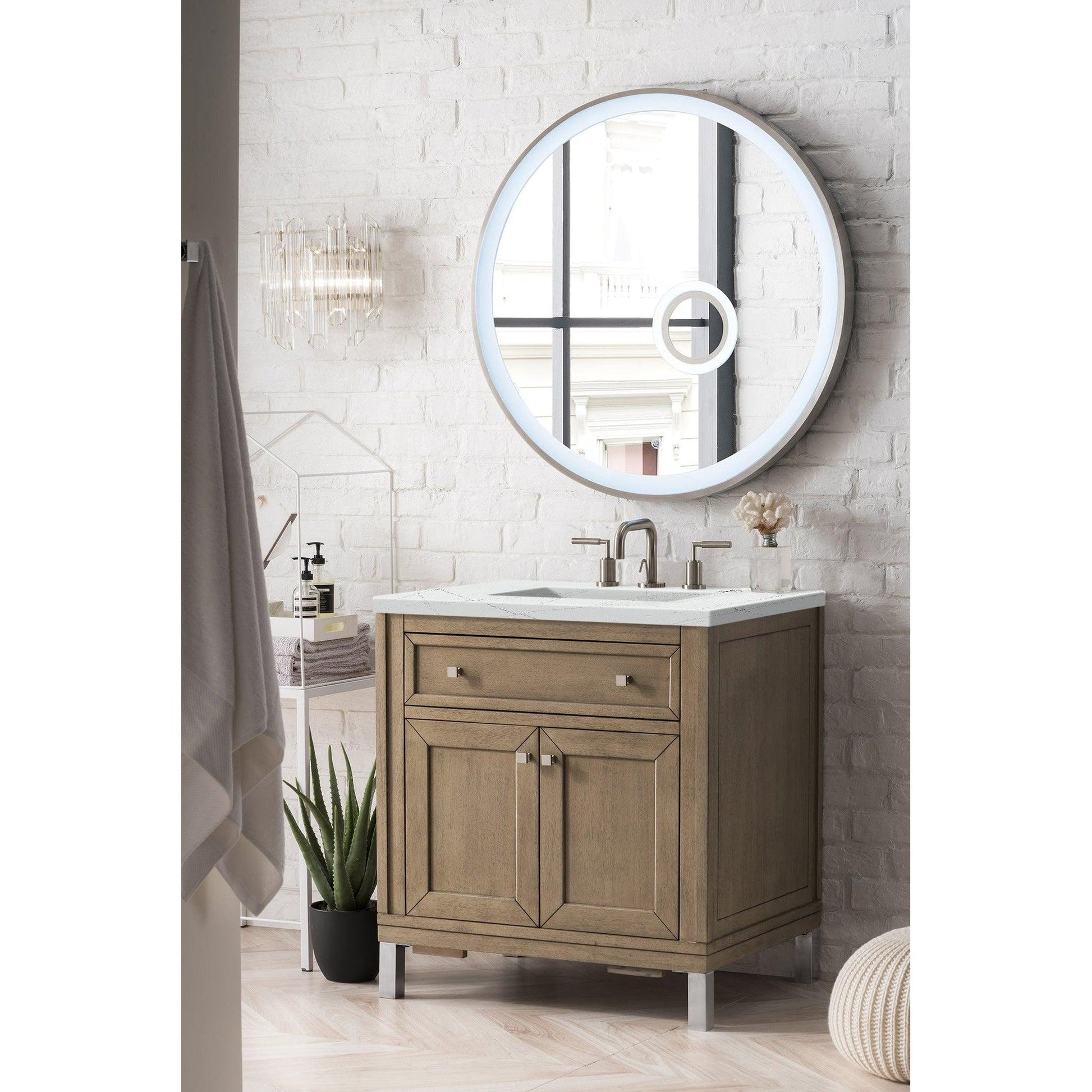 James Martin Chicago 30" Single Whitewashed Walnut Bathroom Vanity With 1" Ethereal Noctis Quartz Top and Rectangular Ceramic Sink