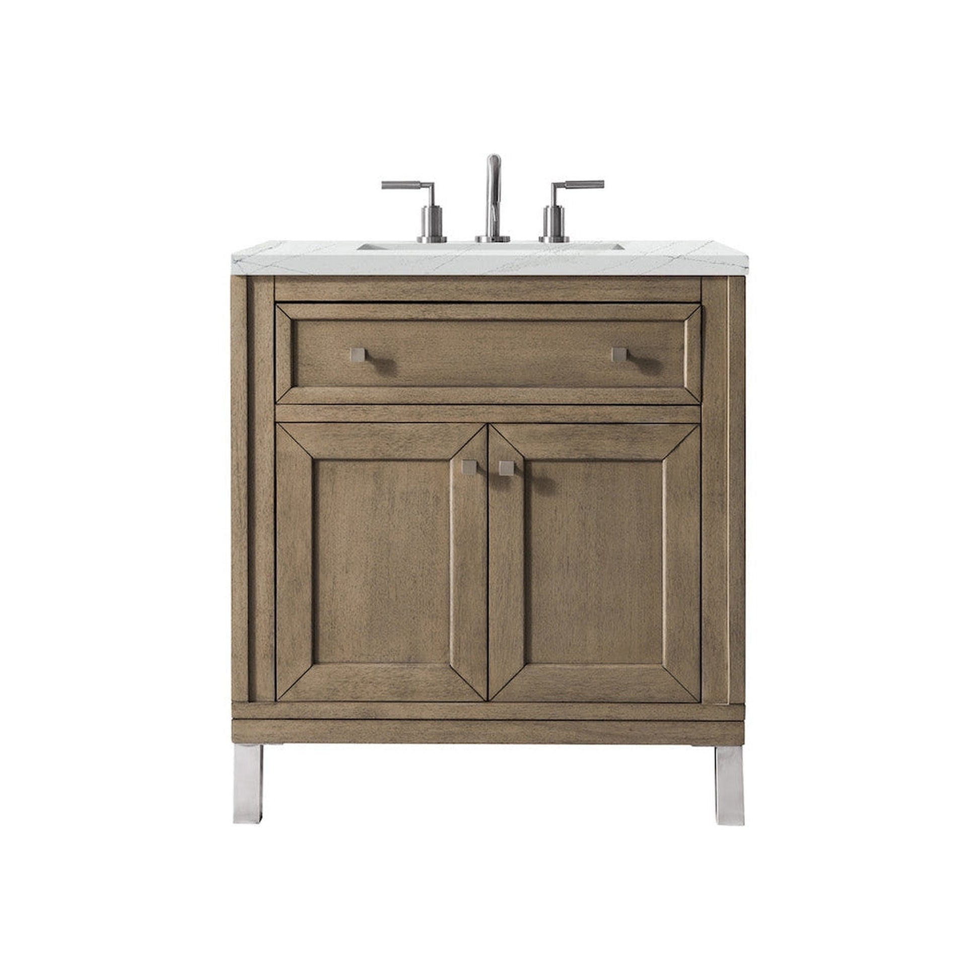 James Martin Chicago 30" Single Whitewashed Walnut Bathroom Vanity With 1" Ethereal Noctis Quartz Top and Rectangular Ceramic Sink