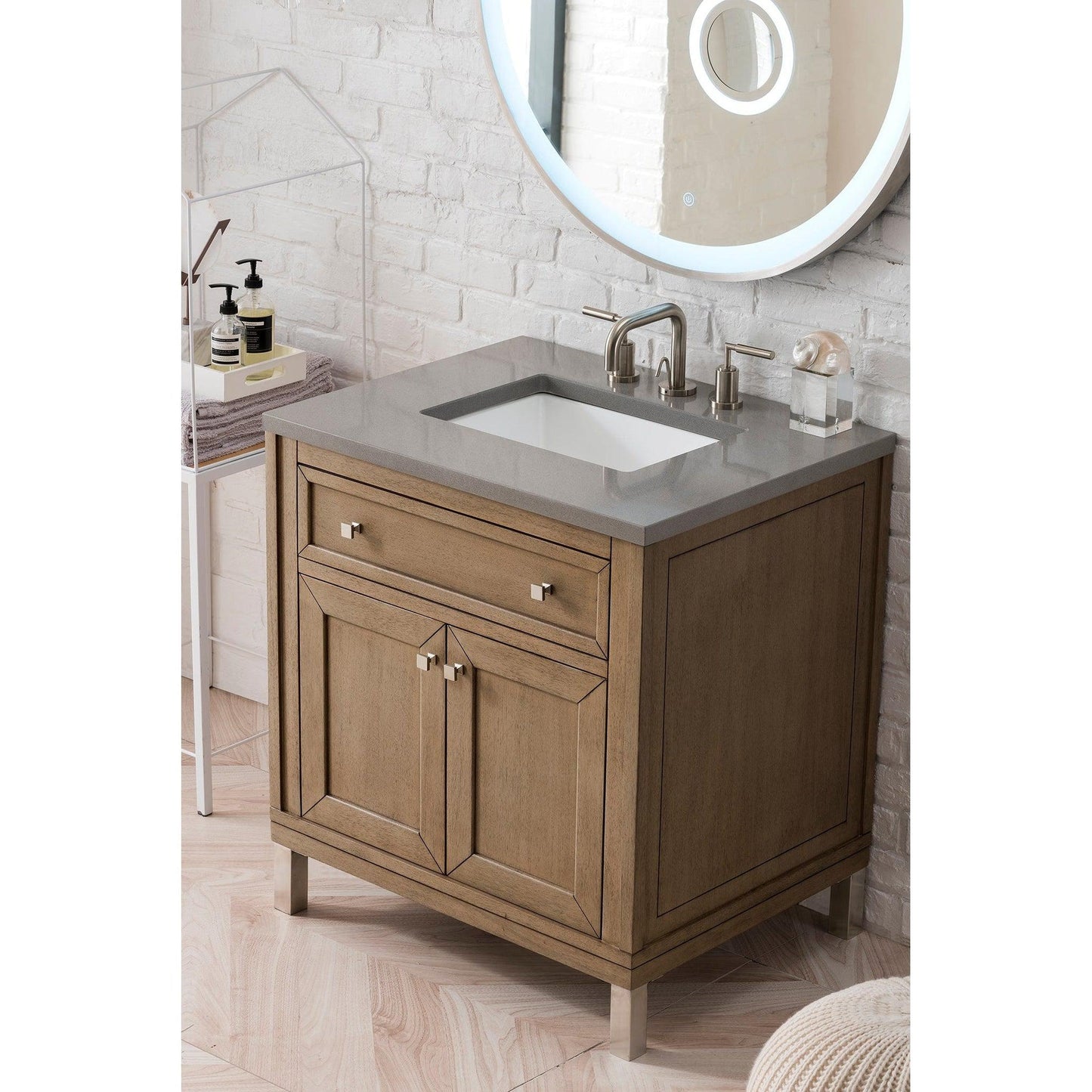 James Martin Chicago 30" Single Whitewashed Walnut Bathroom Vanity With 1" Gray Expo Quartz Top and Rectangular Ceramic Sink