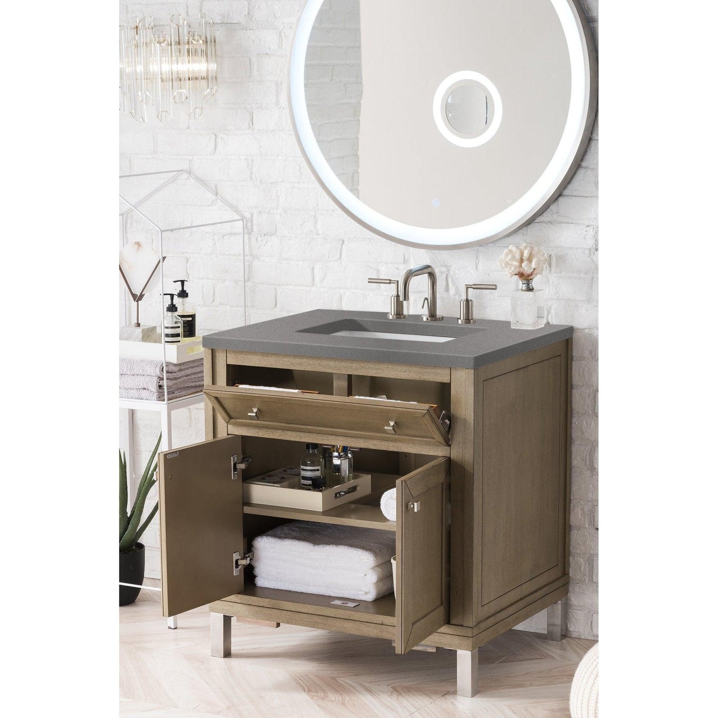 James Martin Chicago 30" Single Whitewashed Walnut Bathroom Vanity With 1" Gray Expo Quartz Top and Rectangular Ceramic Sink