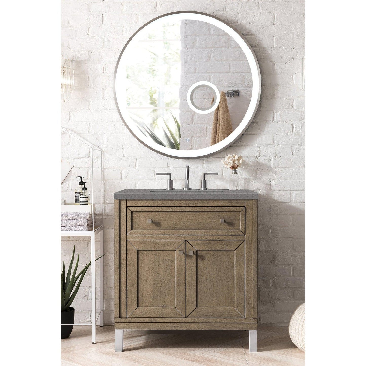 James Martin Chicago 30" Single Whitewashed Walnut Bathroom Vanity With 1" Gray Expo Quartz Top and Rectangular Ceramic Sink