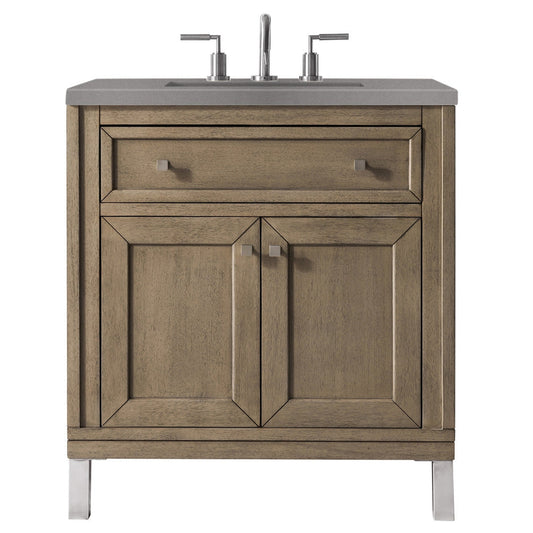 James Martin Chicago 30" Single Whitewashed Walnut Bathroom Vanity With 1" Gray Expo Quartz Top and Rectangular Ceramic Sink