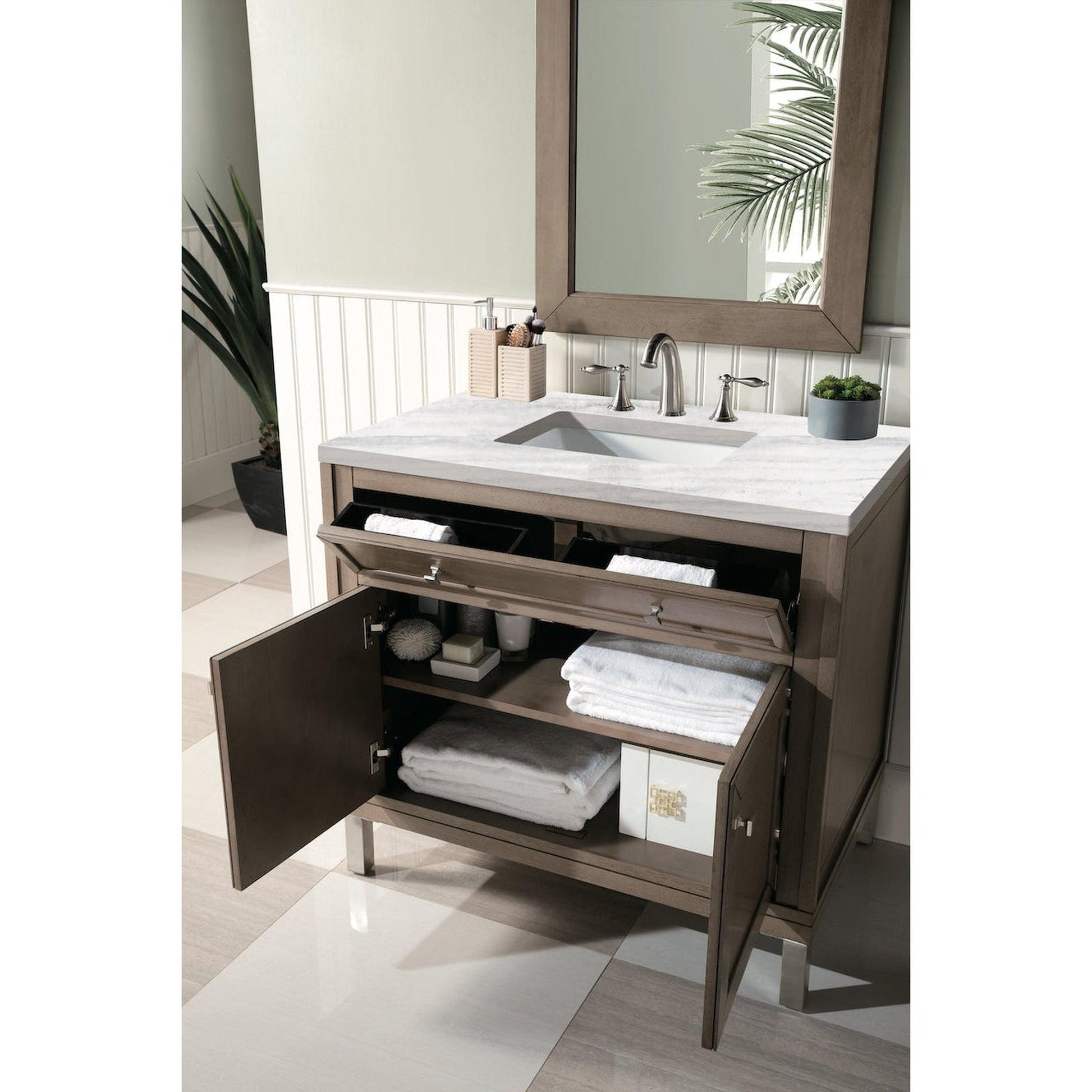 James Martin Chicago 36" Single Whitewashed Walnut Bathroom Vanity With 1" Arctic Fall Solid Surface Top and Rectangular Ceramic Sink