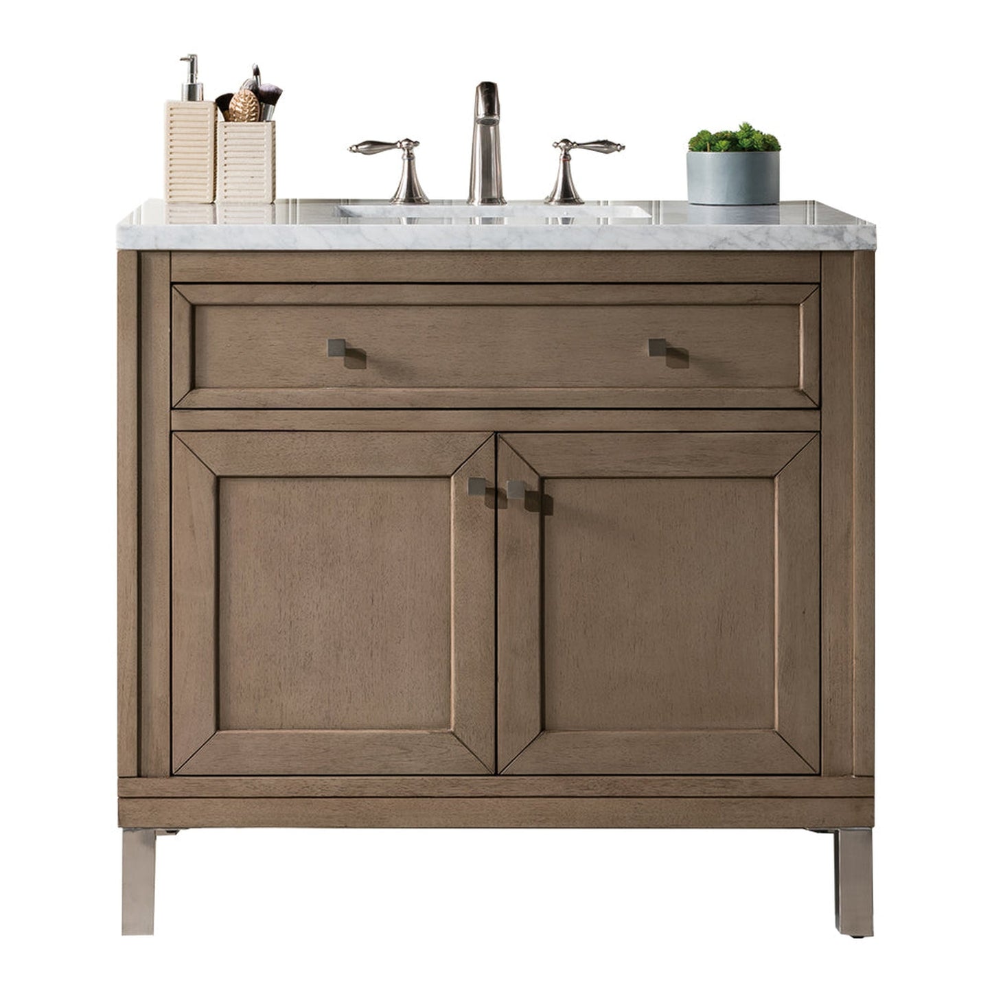 James Martin Chicago 36" Single Whitewashed Walnut Bathroom Vanity With 1" Arctic Fall Solid Surface Top and Rectangular Ceramic Sink