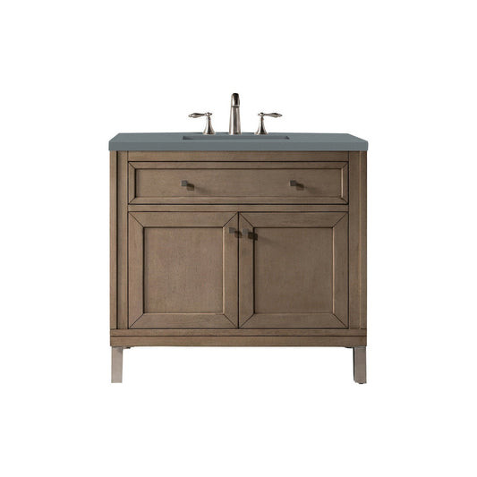 James Martin Chicago 36" Single Whitewashed Walnut Bathroom Vanity With 1" Cala Blue Quartz Top and Rectangular Ceramic Sink