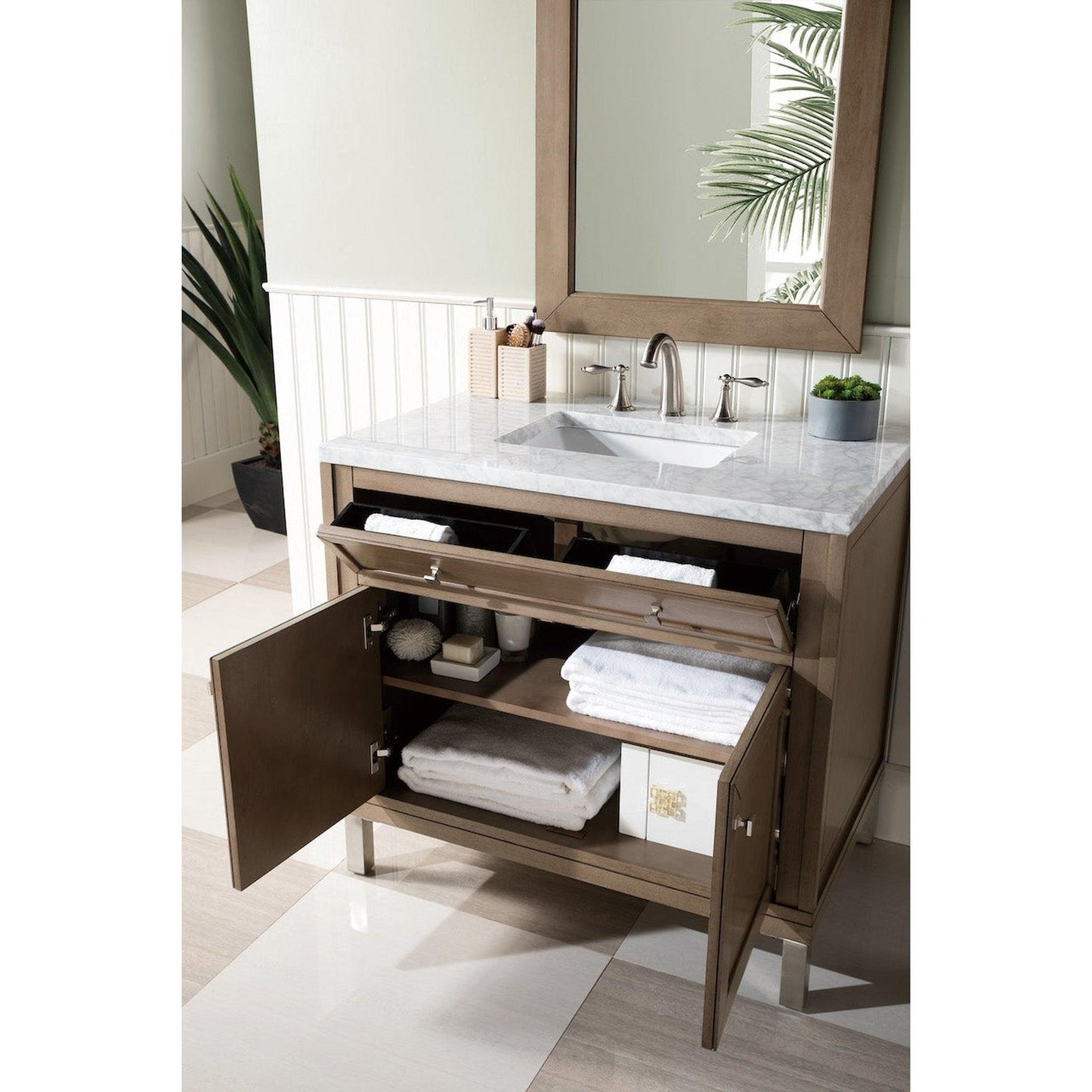 James Martin Chicago 36" Single Whitewashed Walnut Bathroom Vanity With 1" Carrara Marble Top and Rectangular Ceramic Sink