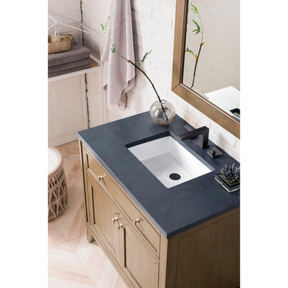 James Martin Chicago 36" Single Whitewashed Walnut Bathroom Vanity With 1" Charcoal Soapstone Quartz Top and Rectangular Ceramic Sink